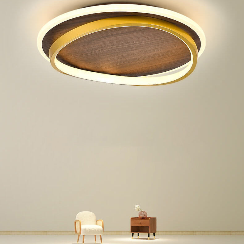 Nordic Minimalist Round Walnut-Grain LED Flush-Mount Ceiling Light