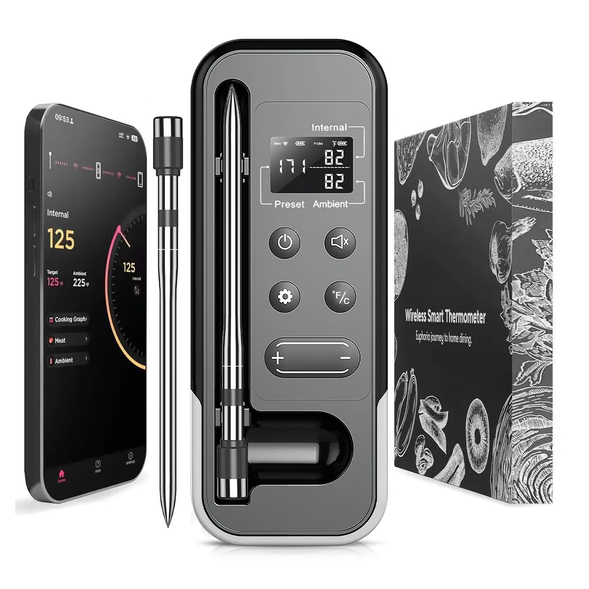 Smart Bluetooth BBQ Thermometer Wireless Meat Probe Kitchen Cooking Thermometer for Grill Oven Food Temperature Monitoring Alarm