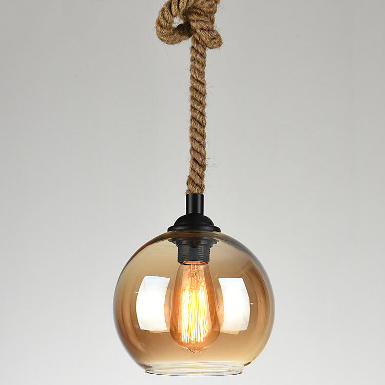 Vintage Traditional Round Glass & Metal Rope-Hanging 1-Light Pendant for Living Room