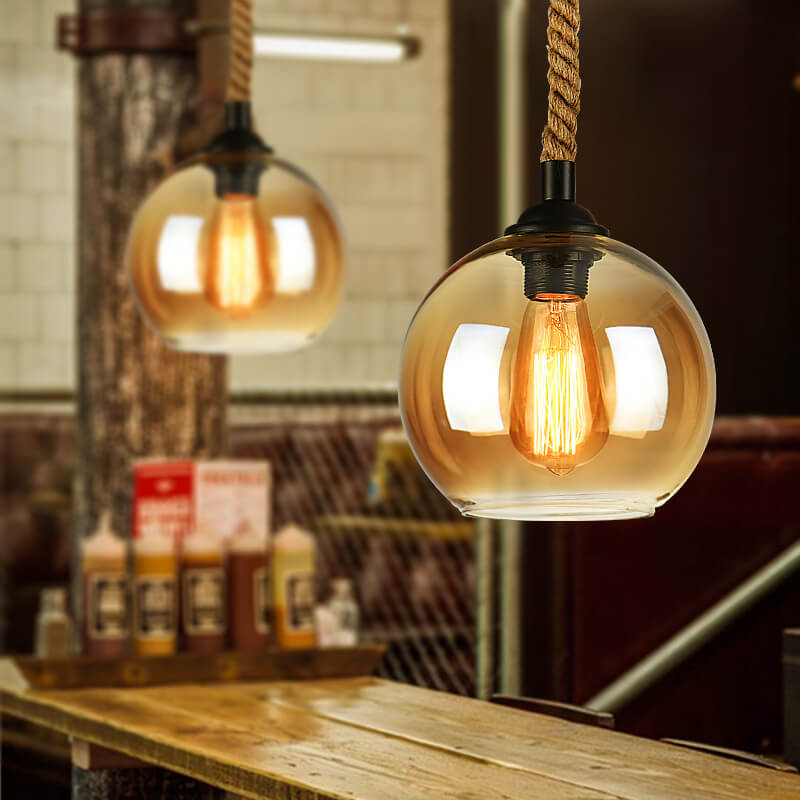 Vintage Traditional Round Glass & Metal Rope-Hanging 1-Light Pendant for Living Room