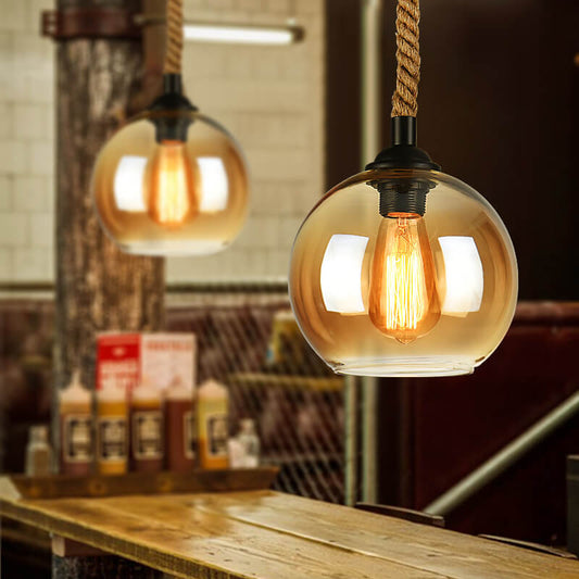 Vintage Traditional Round Glass & Metal Rope-Hanging 1-Light Pendant for Living Room