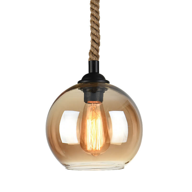 Vintage Traditional Round Glass & Metal Rope-Hanging 1-Light Pendant for Living Room
