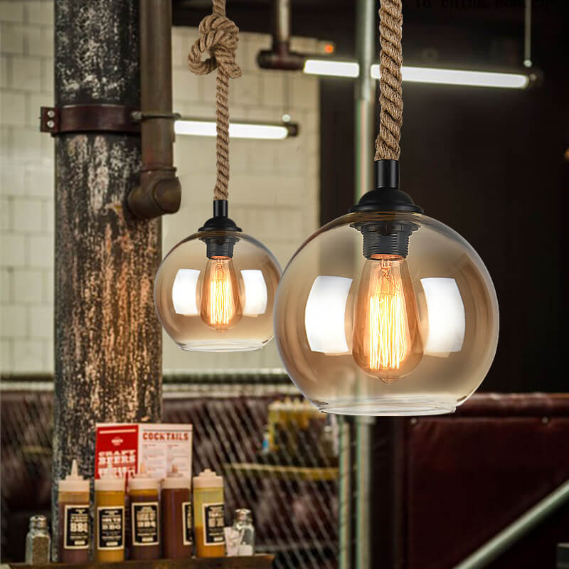 Vintage Traditional Round Glass & Metal Rope-Hanging 1-Light Pendant for Living Room