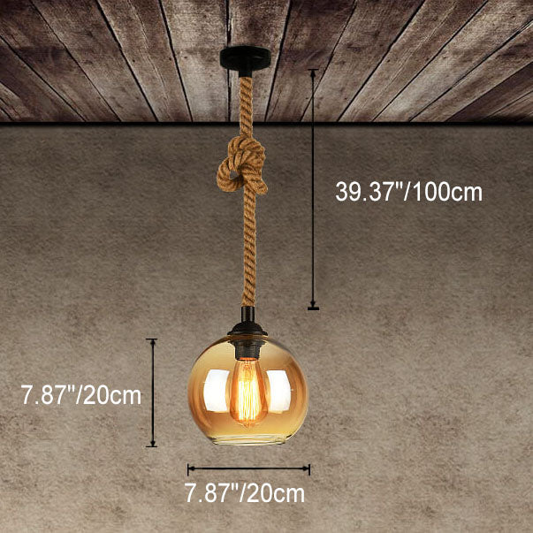 Vintage Traditional Round Glass & Metal Rope-Hanging 1-Light Pendant for Living Room