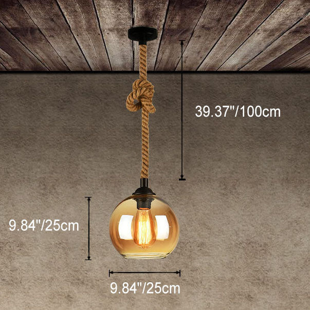 Vintage Traditional Round Glass & Metal Rope-Hanging 1-Light Pendant for Living Room
