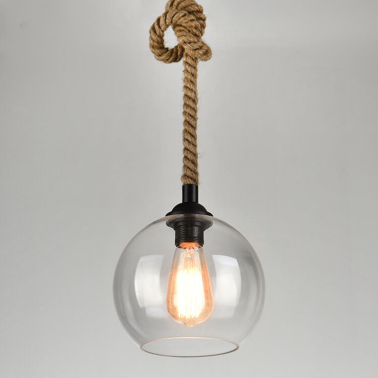 Vintage Traditional Round Glass & Metal Rope-Hanging 1-Light Pendant for Living Room