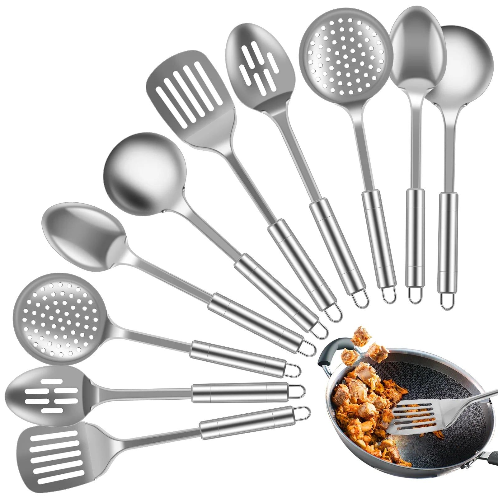 10Pcs Stainless Steel Cooking Utensils Set, Dishwasher Safe Metal Kitchen Tools with Ergonomic Handle