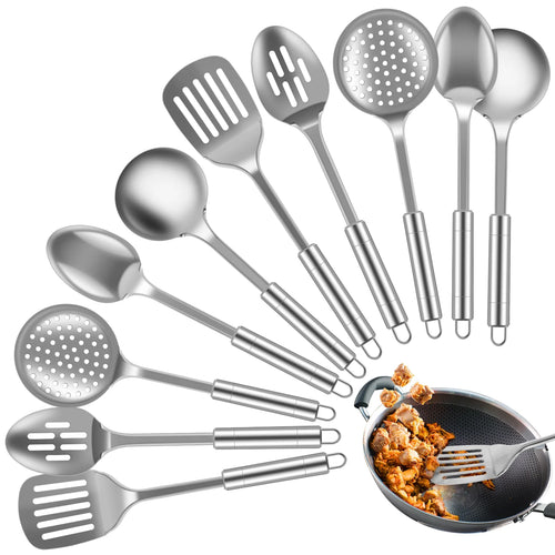 10Pcs Stainless Steel Cooking Utensils Set, Dishwasher Safe Metal Kitchen Tools with Ergonomic Handle