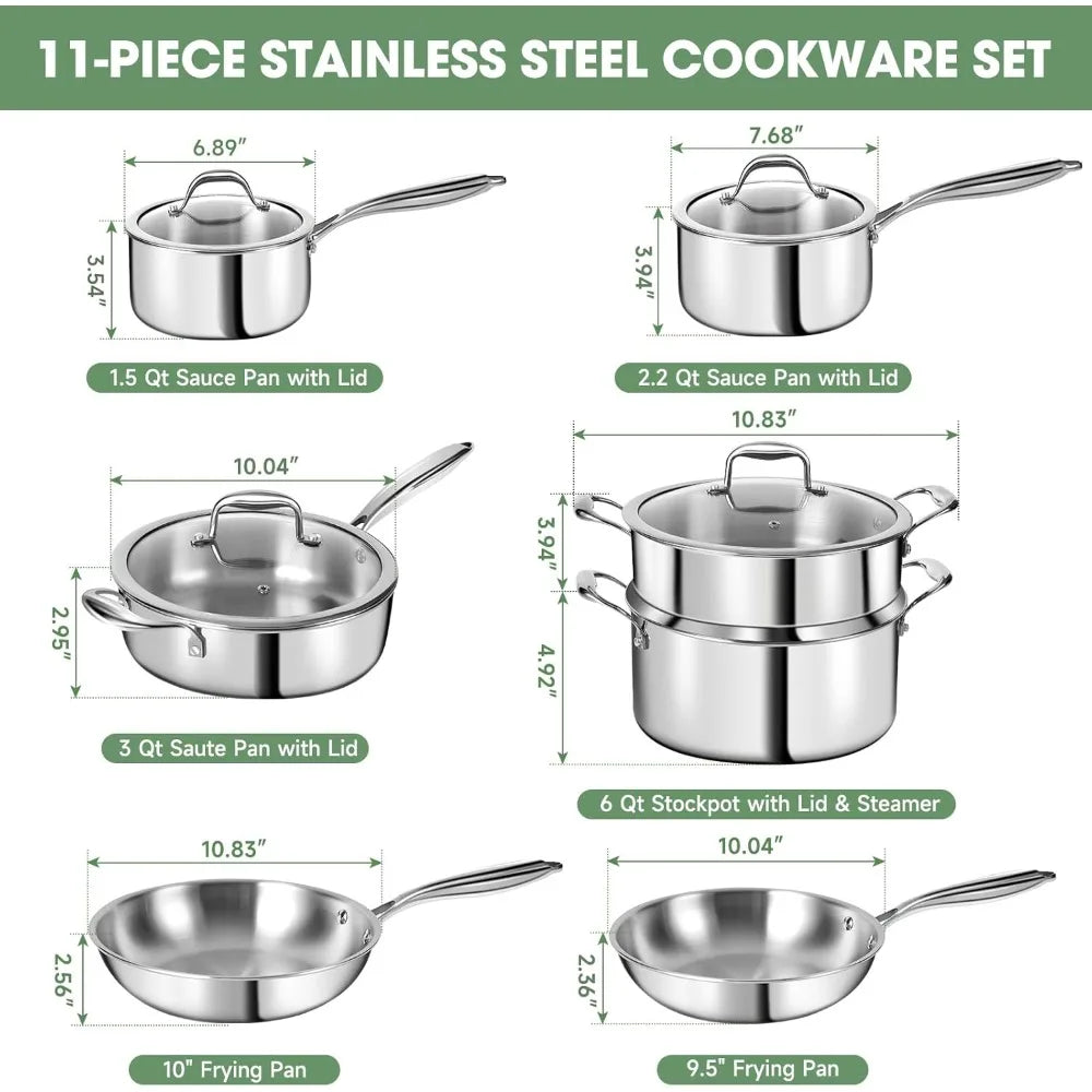 High Grade 3 Ply Stainless Steel 11 Piece Cookware Set with Lids Pots and Pans Induction Oven Dishwasher Safe Non