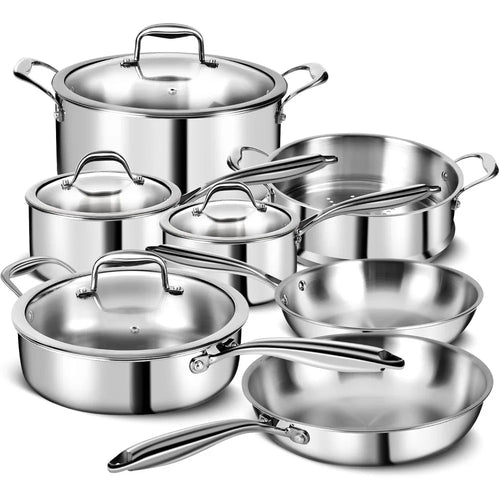 High Grade 3 Ply Stainless Steel 11 Piece Cookware Set with Lids Pots and Pans Induction Oven Dishwasher Safe Non