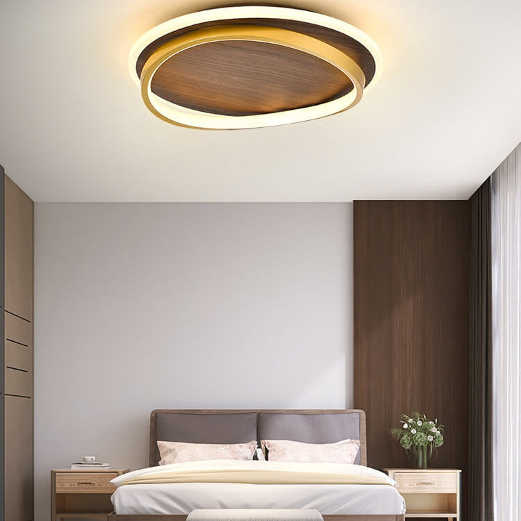 Nordic Minimalist Round Walnut-Grain LED Flush-Mount Ceiling Light