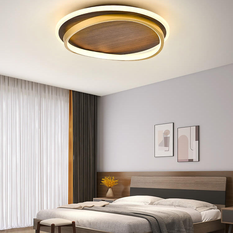 Nordic Minimalist Round Walnut-Grain LED Flush-Mount Ceiling Light