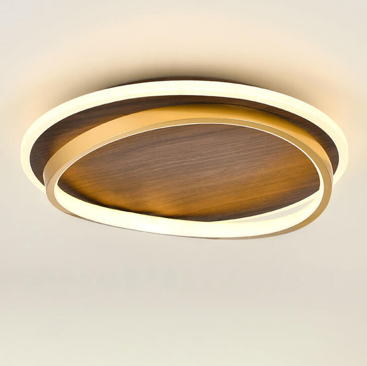 Nordic Minimalist Round Walnut-Grain LED Flush-Mount Ceiling Light