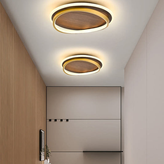 Nordic Minimalist Round Walnut-Grain LED Flush-Mount Ceiling Light