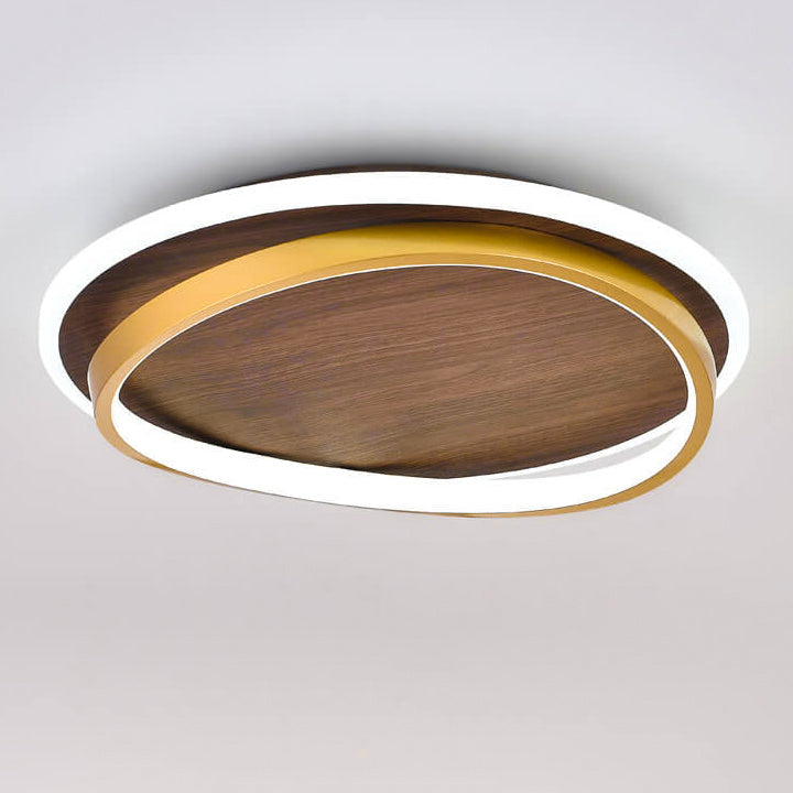Nordic Minimalist Round Walnut-Grain LED Flush-Mount Ceiling Light