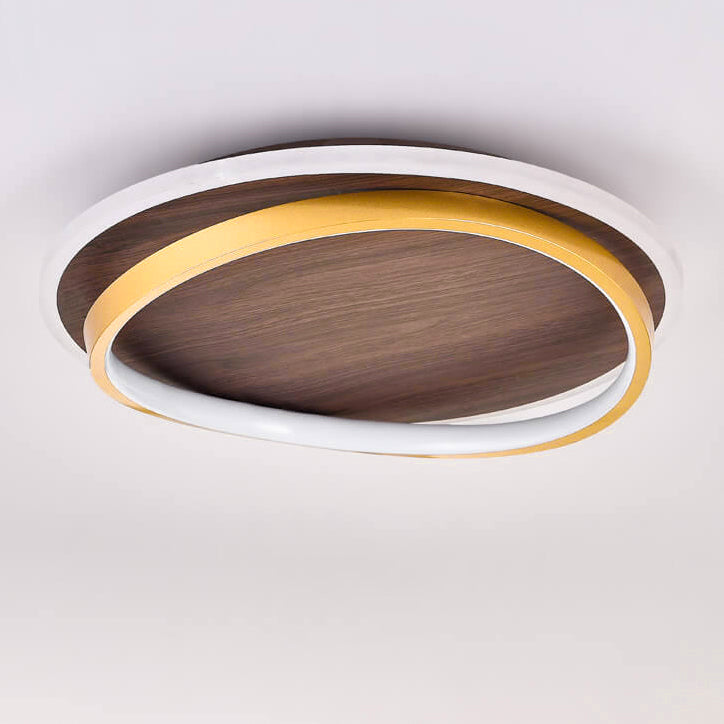 Nordic Minimalist Round Walnut-Grain LED Flush-Mount Ceiling Light