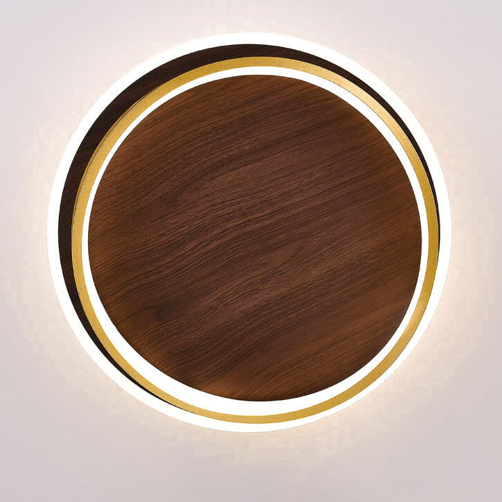 Nordic Minimalist Round Walnut-Grain LED Flush-Mount Ceiling Light