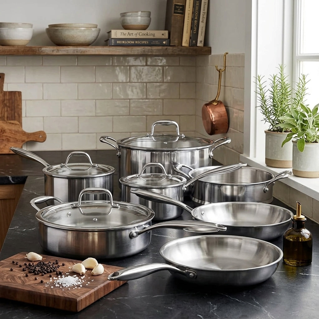 High Grade 3 Ply Stainless Steel 11 Piece Cookware Set with Lids Pots and Pans Induction Oven Dishwasher Safe Non