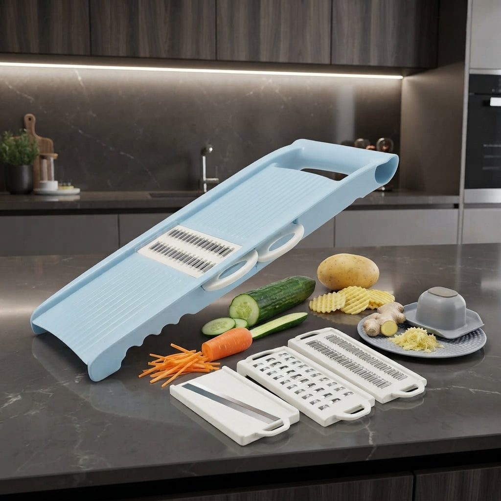 Ultimate 5‑in‑1 Mandoline Slicer for Kitchen – Multi Blade Vegetable Slicer, Veggie Cutter, Potato Chip Maker, Julienne Shredder, Waffle Cutter, Ginger & Garlic Grater