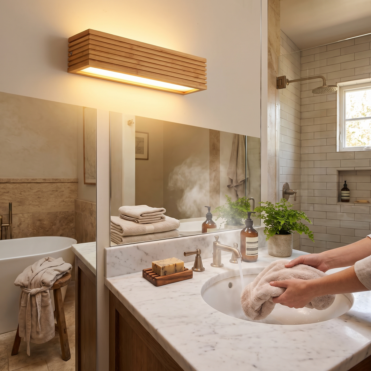 Batten Nordic Wood Slat Wall Light in use